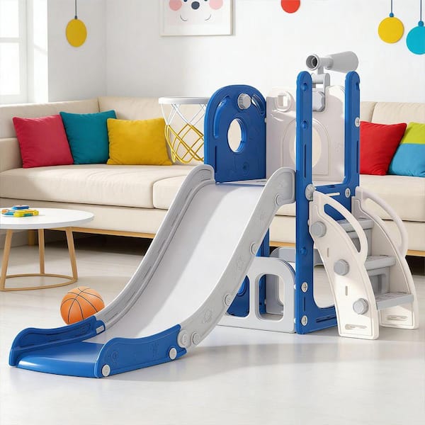 5-in-1 Toddler Slide Playset - Indoor Outdoor Baby Slide With Basketball Hoop & Climbing Wall