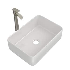 Gloss White Ceramic Rectangular Bathroom Vessel Sink Art Basin with Faucet in Brushed Nickel