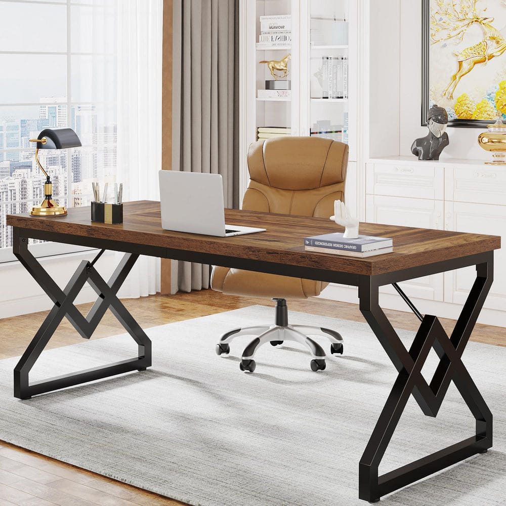 63 in. Vintage Brown Computer Desk with Thickened Tabletop, Industrial Executive Desk with Black Legs Home Office