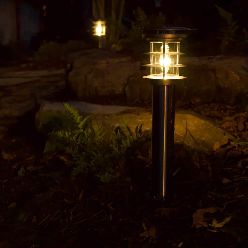 Stainless Steel Silver LED Solar Pathway Bollard Lights, Set of 2