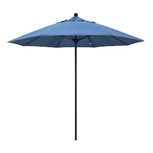 9 ft. Black Aluminum Commercial Market Patio Umbrella with Fiberglass Ribs and Push Lift in Frost Blue Olefin
