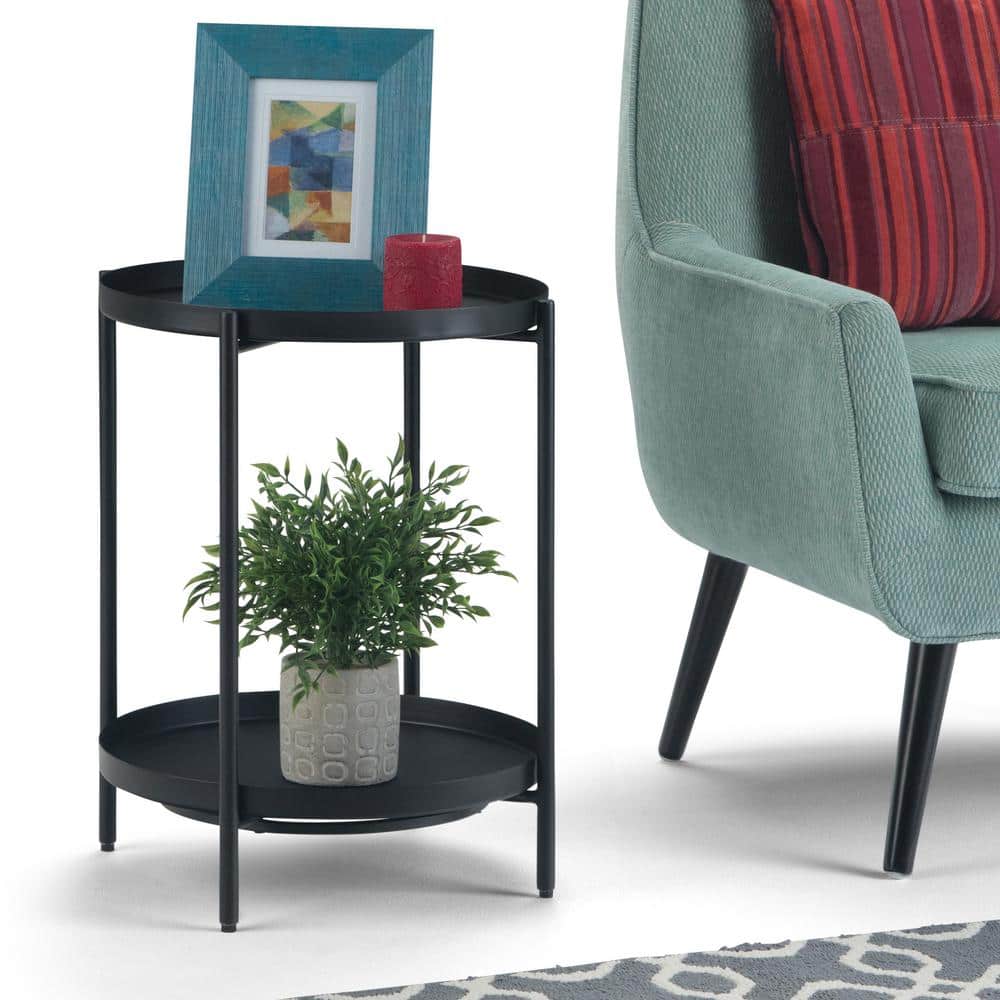 Monet Industrial Round Black Metal End Table with Removable Trays