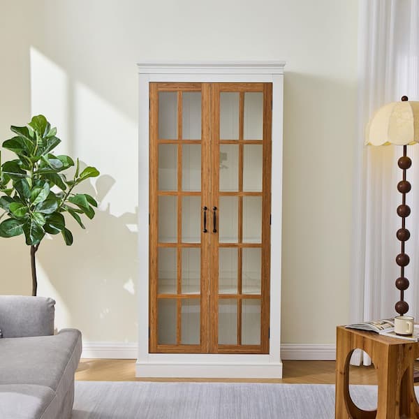 Harper & Bright Designs Rustic Style Brown and Cream White 71.2 in. Tall Storage Cabinet, Display Cabinet with 5-Shelves and Glass Doors