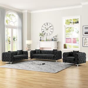 Contemporary 3-Piece of Chair Loveseat and Sofa Set with Deep Button Tufting Dutch Velvet Top in Black