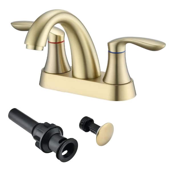 YASINU 4 in. Centerset Deck Mount Double Handles Bathroom Faucet Combo Kit with Pop-up Drain in Brushed Gold