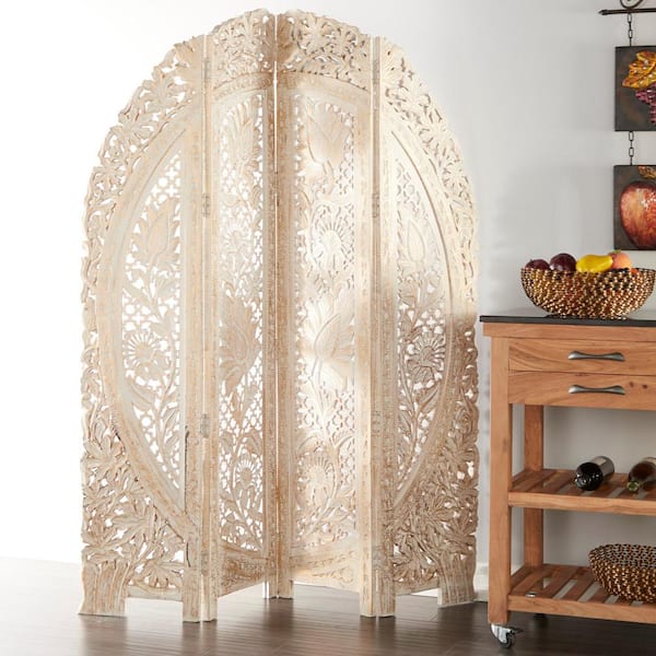 Litton Lane 6 ft. White 4 Panel Floral Handmade Foldable Arched Partition Room Divider Screen with Intricately Carved Designs