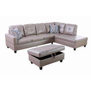 104 in. Square Arm 3-Piece Faux Leather L-Shaped Sectional Sofa in Latte