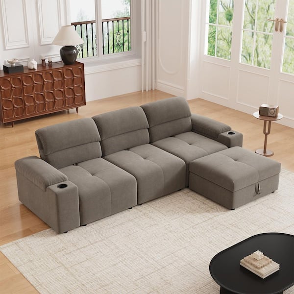 Sage 105 in. Square Arms Burlap Fabric Modular Sectional Sofa in Brown with Storage Ottoman, Adjustable Backrest