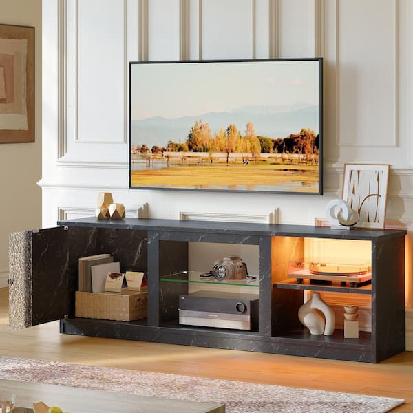 63 in. Black Marble TV Stand for TVs up to 70 in. Media Console with LED Lights and Adjustable Shelves