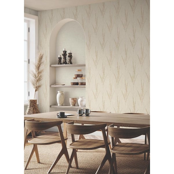 Beige Graceful Willow Pale Straw Non-Pasted Foil on Non-Woven Metallic Wallpaper