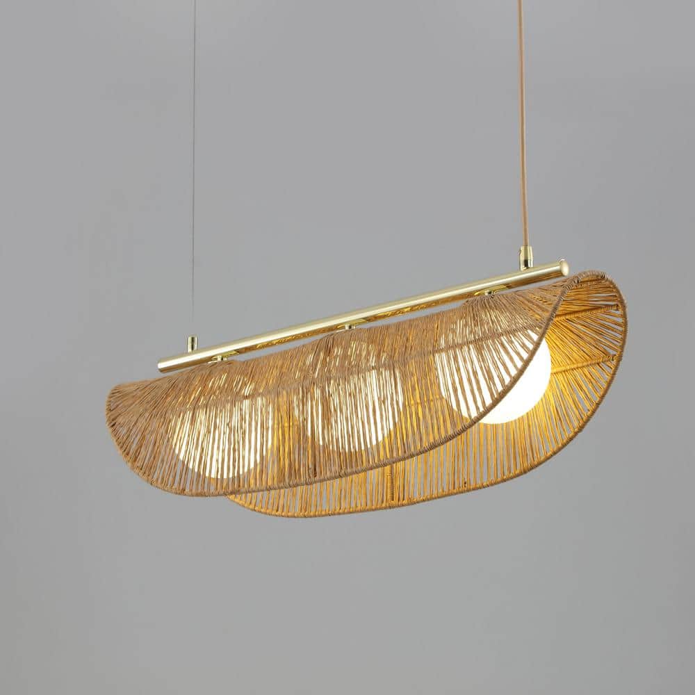 Sovev 27.5 in. Brass Bohemian Pendant Light with Rattan and Glass Shades