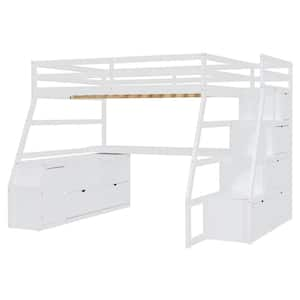 White Full Size Loft Bed with Desk, 2 Shelves and 7 Drawers