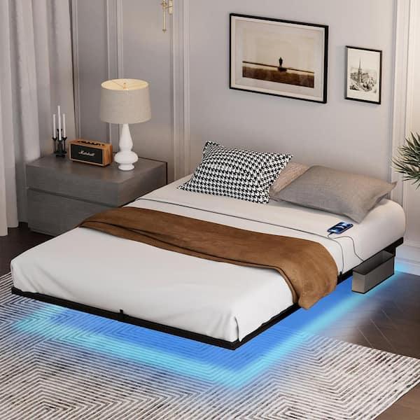 YOFE Black Metal Frame Floating Queen Platform Bed Frame w/LED Lights & Charging Station Kids Adult Metal Bed Frame 1000 lbs.