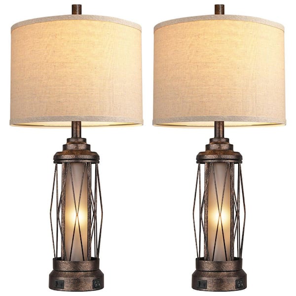 26 in. Farmhouse Frosted Glass Table Lamps with Beige Fabric Shade, Black Rustic Bedside Lamp for Bedroom with USB Ports