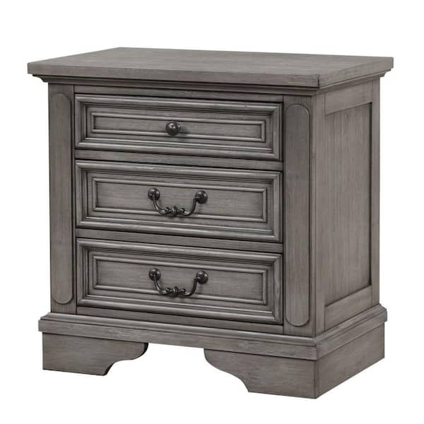 Benjara 27.1 in. 3-Drawer Gray Wooden Nightstand