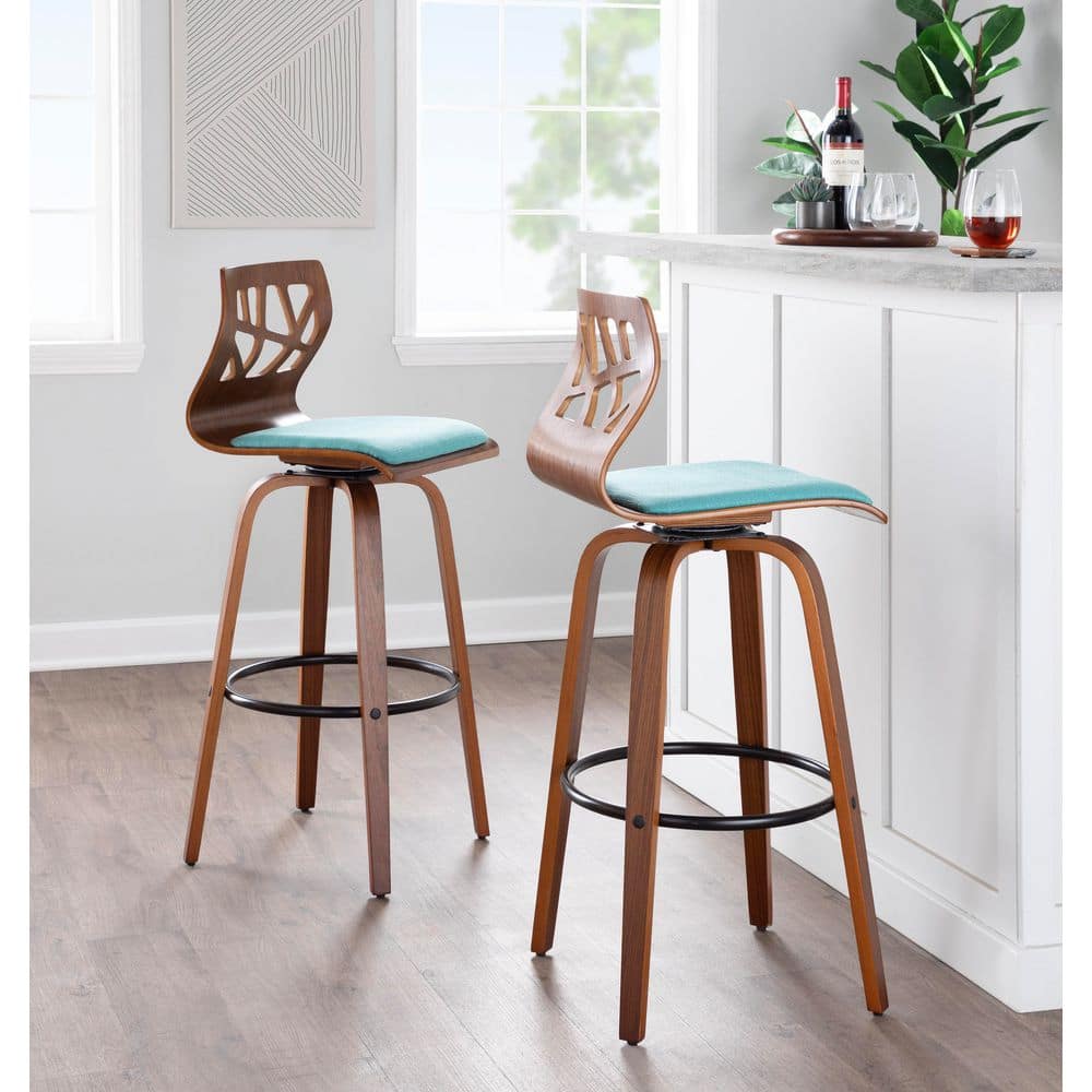 Teal Fabric Walnut Wood Black Metal Swivel Barstool Set