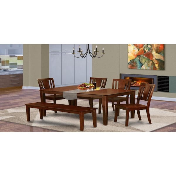 East West Furniture 6-Piece Rectangle Mahogany Finish Solid Wood Top Dining Table with 1 Bench, 4 Chairs with Lattice Back