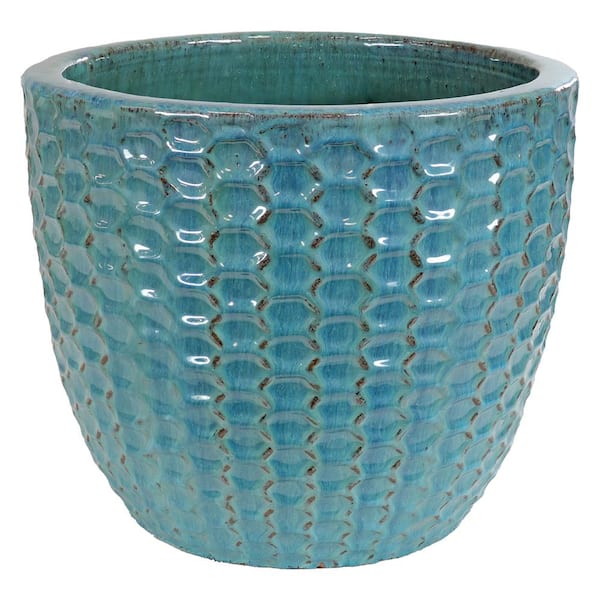 Sunnydaze 14 in. (35.6 cm) Raised Hexagon Pattern Glazed Ceramic Planter - Turquoise