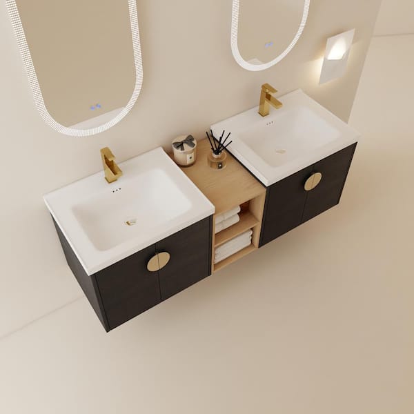 60 in. W x 19 in. D x 21 in. H Double Sink Wall Mounted Black Chestnut Bath Vanity with White Ceramic Top