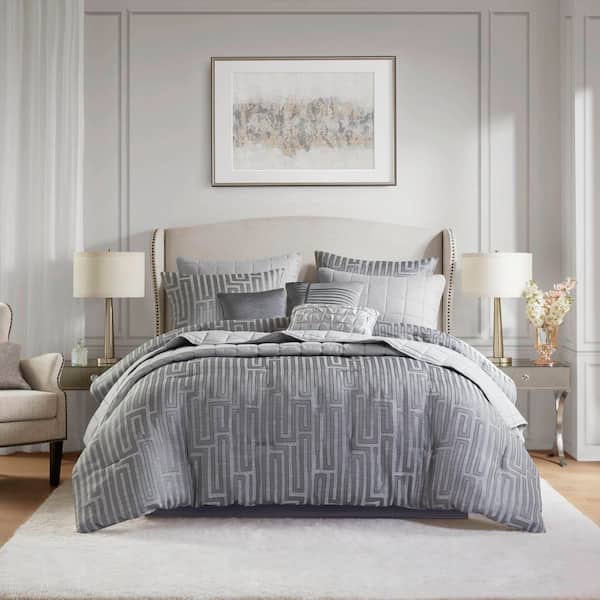 Hayden 10-Piece Grey Geometric Polyester Queen Luxury Jacquard Comforter Set