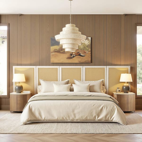 Capri Extended Headboard Cane Platform Bed in Antique White Polyester