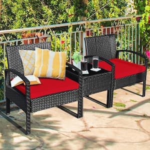 3PCS Patio Rattan Conversation Furniture Set Outdoor Yard w/Red Cushions