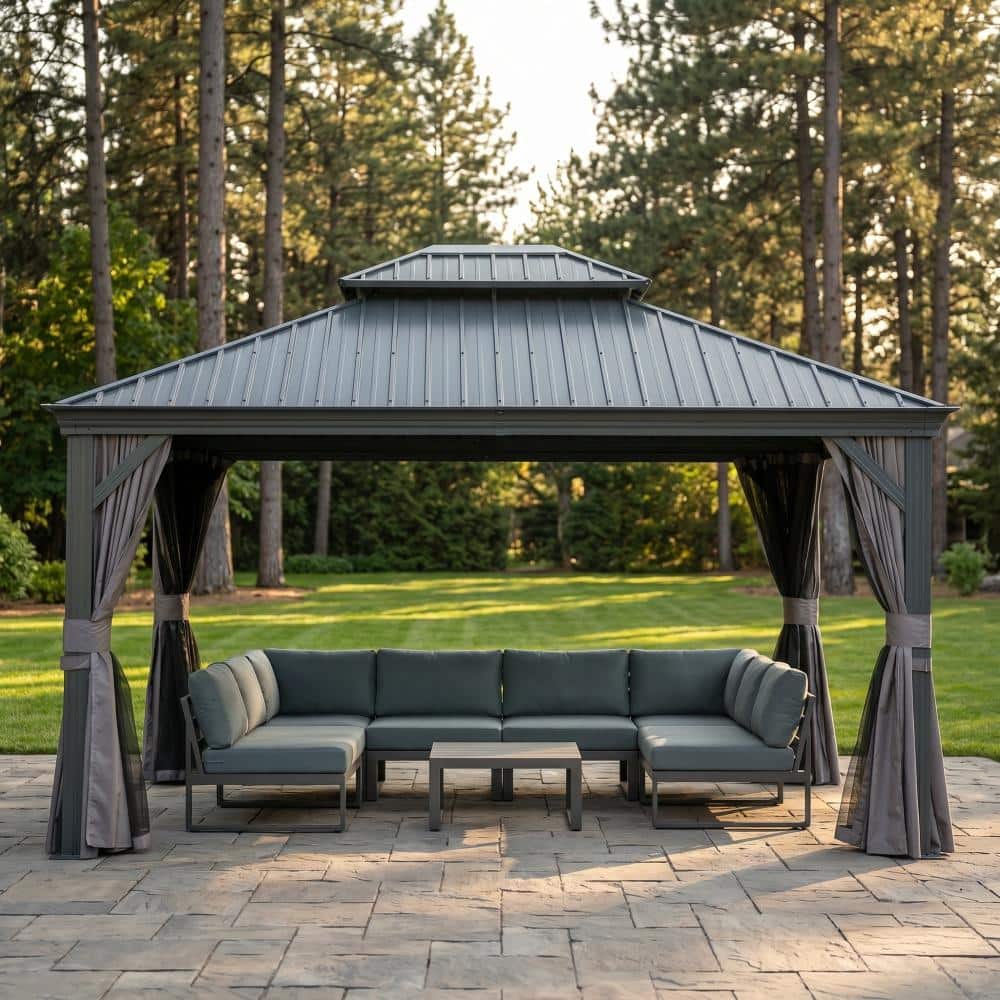 10x12 FT Hardtop Gazebo, Aluminum Frame, Galvanized Steel Double Canopy, Curtains and Netting, Grey price history on PriceWatchPro