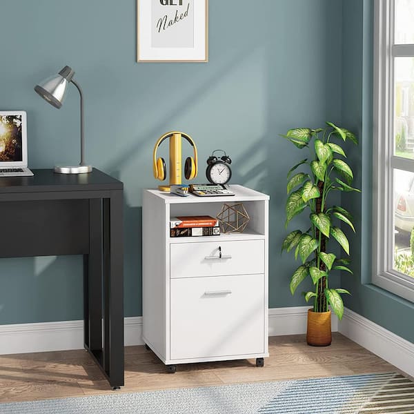 BYBLIGHT Atencio White File Cabinet with Lock and Drawer, Modern Mobile Lateral Filing Cabinet Printer Stand