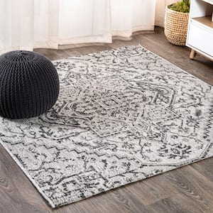 Estrella Bohemian Black/Gray 5 ft. Medallion Textured Weave Indoor/Outdoor Square Area Rug