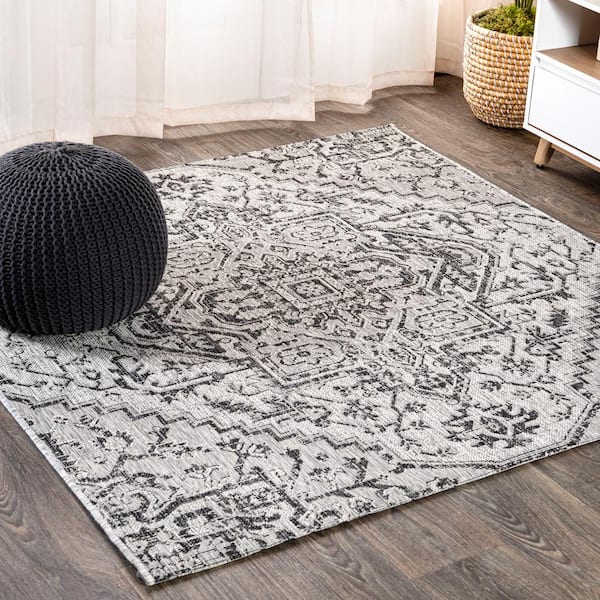 JONATHAN Y Estrella Bohemian Black/Gray 5 ft. Medallion Textured Weave Indoor/Outdoor Square Area Rug