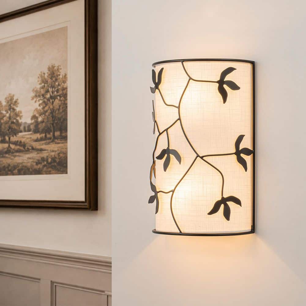7.87 in. 2-Light Matte Black Floral Branch Wall Sconce with White Linen Fabric Shade for Bedroom Living Room Hallway price history on PriceWatchPro