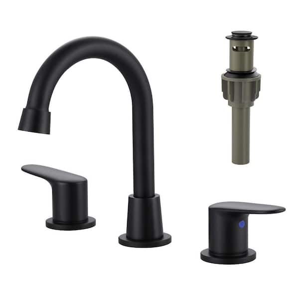 8 in. Widespread Double Handle Bathroom Faucet with Drain Kit Inclued in Matte Black