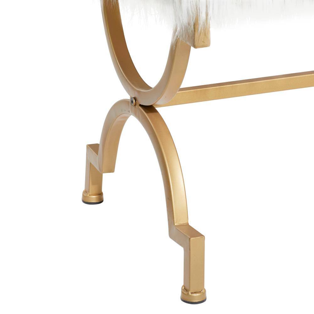 Chic Gold Metal 42" Entryway Bench with White Faux Fur Cushion