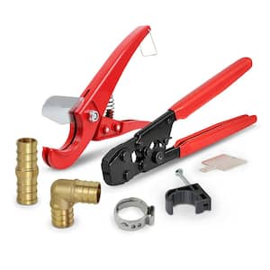 PEX Plumbing Kit - Crimper, Cutter Tool with Lock Hook, 1/2 in. Elbow Cinch and Half Clamp