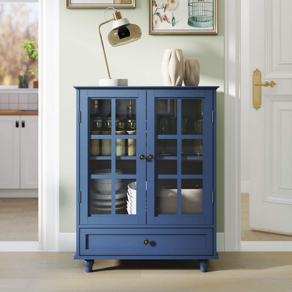 28 in. W x 36 in. H Blue MDF Buffet Cabinet with Glass Doors, Modern MDF Sideboard for Living Room