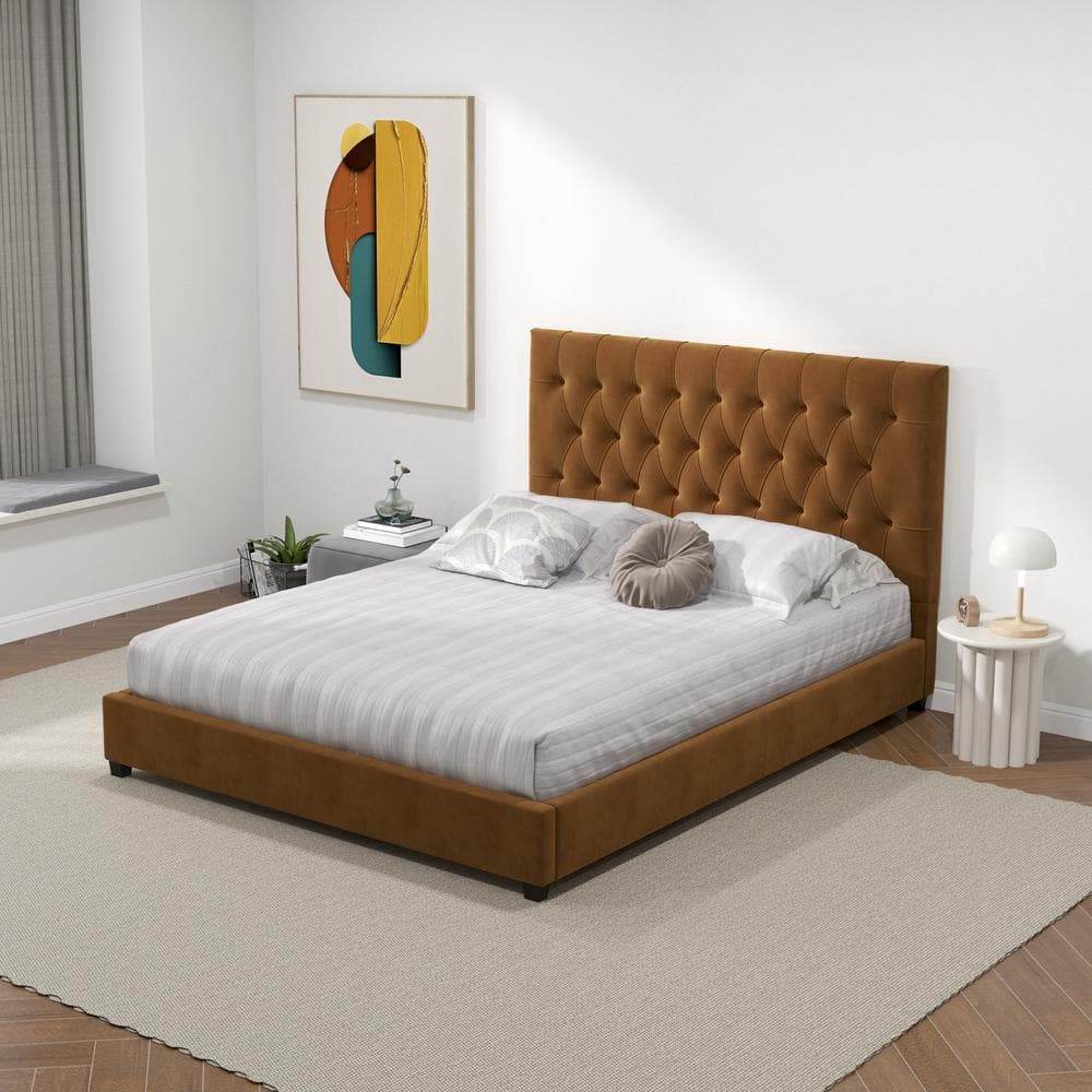 Elda Walnut Queen Platform Bed with Tufted Velvet Upholstery