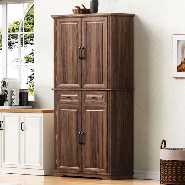 Brown 71.25 in. Accent Cabinet, Pantry Cabinet with 3-Pull Out Cabinet Organizers, 6-Door Shelves, 2-Drawers, Cupboard