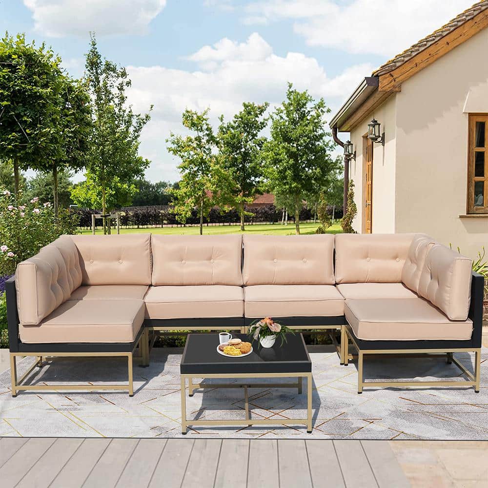 7-Piece Wicker Patio Conversation Set with Brown Cushions and Coffee Table,