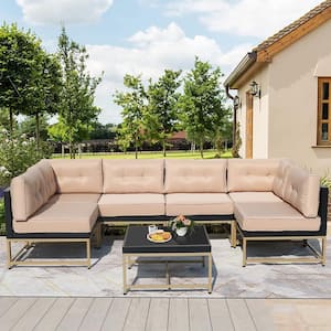 7-Piece Wicker Patio Conversation Set with Brown Cushions and Coffee Table, All-Weather Modular Outdoor Seating Sofa Set