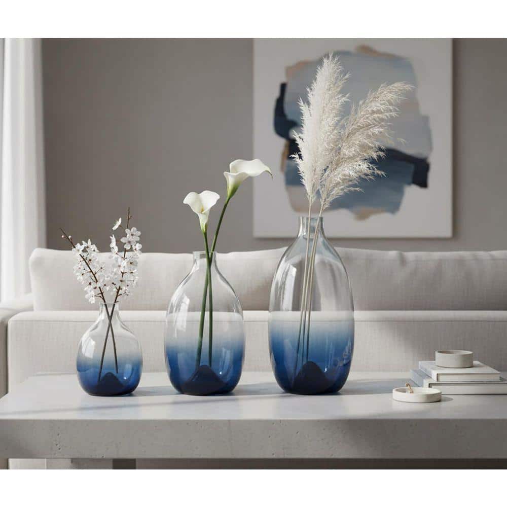 3-Piece 11” Large Bottle Blue Glass Vase Set - Modern Decor for Living Room Dining Table Wedding ENHD30056