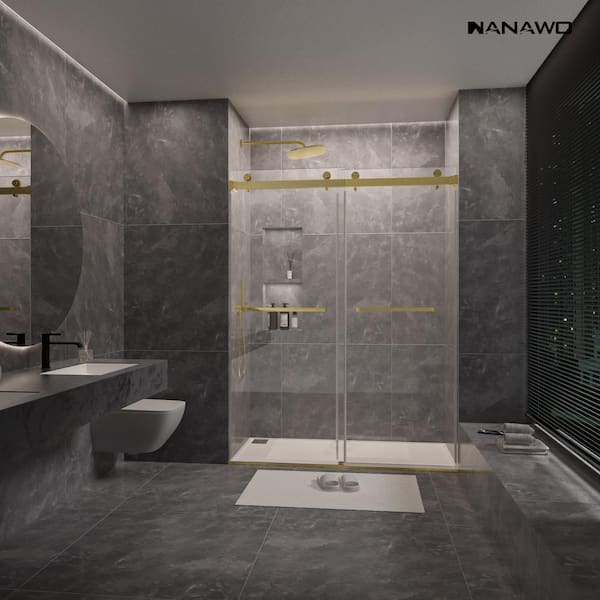 60 in. W x 80 in. H Sliding Frameless Shower Door in Brushed Gold with 3/8 in. Clear Glass