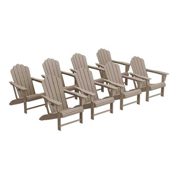 Aderson Set of 8 All Weather Fade Resistant Outdoor Patio HDPE Adirondack Chairs with Cup Holders in Weathered Wood