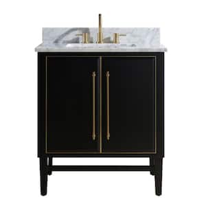 Mason 31 in. W x 22 in. D Bath Vanity in Black with Gold Trim with Marble Vanity Top in Carrara White with White Basin