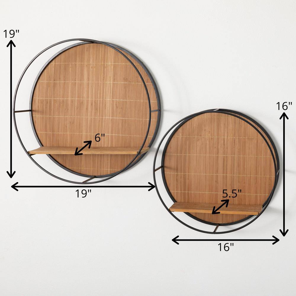 Black Metal and Wood Circular Wall Shelves - Set of 2