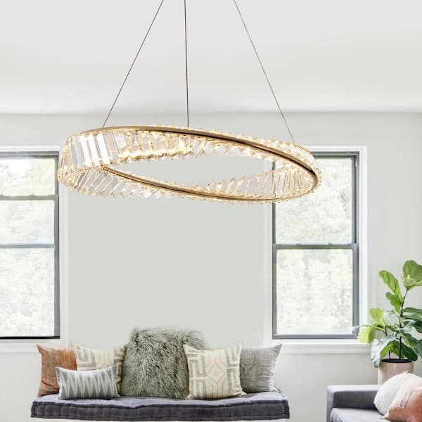 LamQee 23.6 in.Gold Adjustable Integrated LED Pendant with Clear Crystals