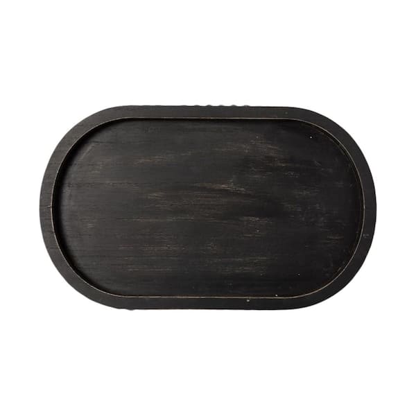 Afoxsos 15 in. Oval Tray for Home Decor Black Wood Beaded Decorative Serving Tray for Vintage Centerpiece and Kitchen Counter