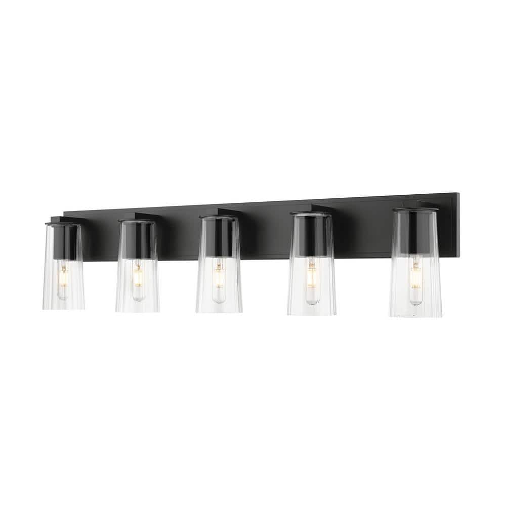 Titus 40 in. 5-Light Matte Black Vanity-Light with Clear Glass Shade