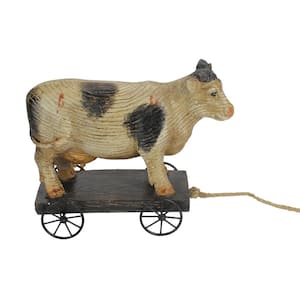 10.25 in. Black and White Wood Textured Cow on Cart Outdoor Garden Statue