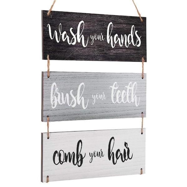 3-Pack Rustic Wood Finish Hanging Wall Sign Bathroom Rules Art Decor Set for Home Bedroom Door Toilet Tank