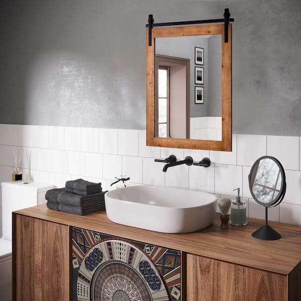 WELLFOR 22.5 in. W x 27 in. H Rectangular MDF Framed Wall Bathroom Vanity Mirror in Brown with Bottom Shelf